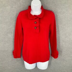 Lark & Ro Womens Sz S‎ Red Cashmere Sweater Ruffle Neck Button Front Long Sleeve